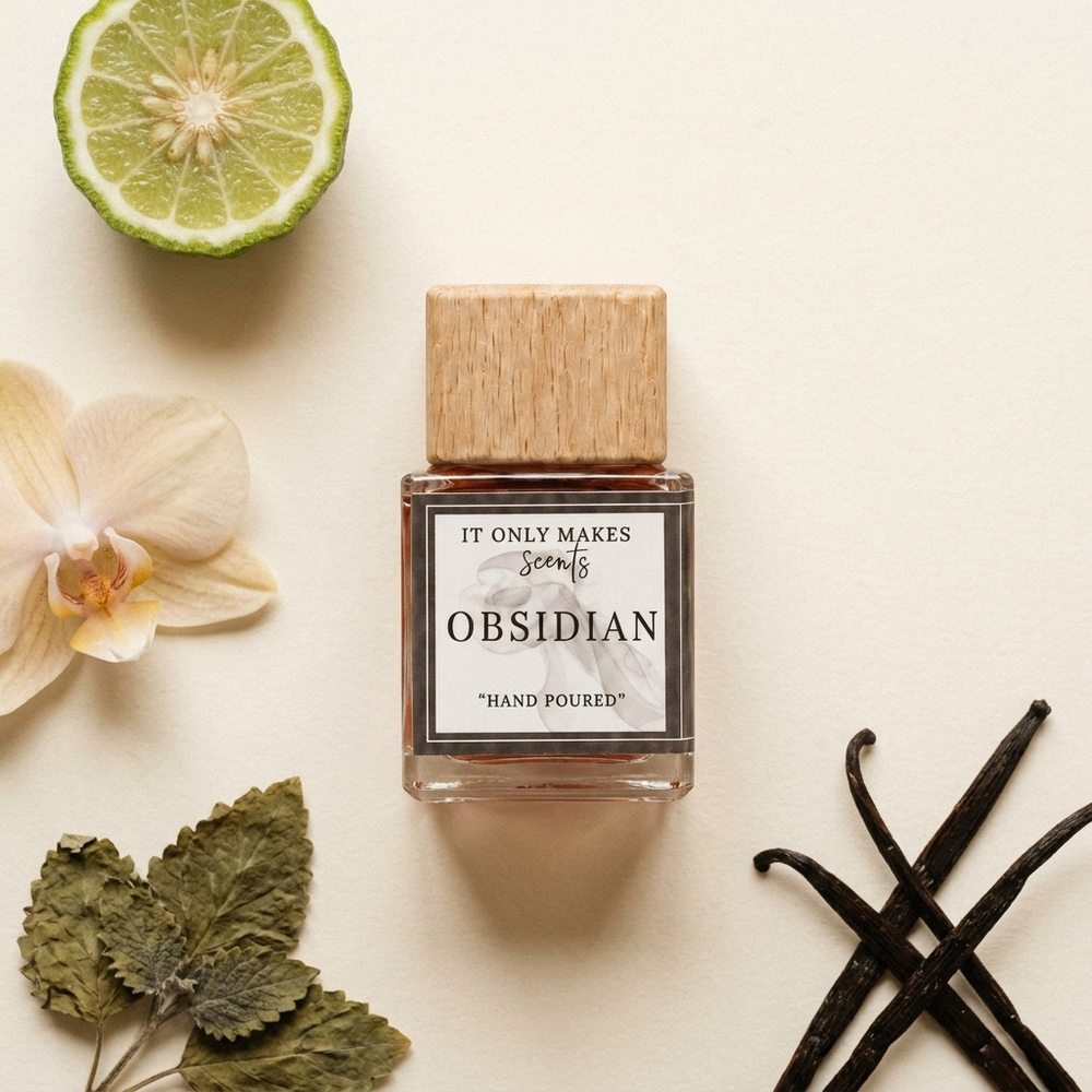 Obsidian fragrance ingredients flat lay
