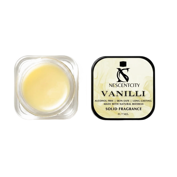 Nescentcity Vanilli solid cologne jar and lid