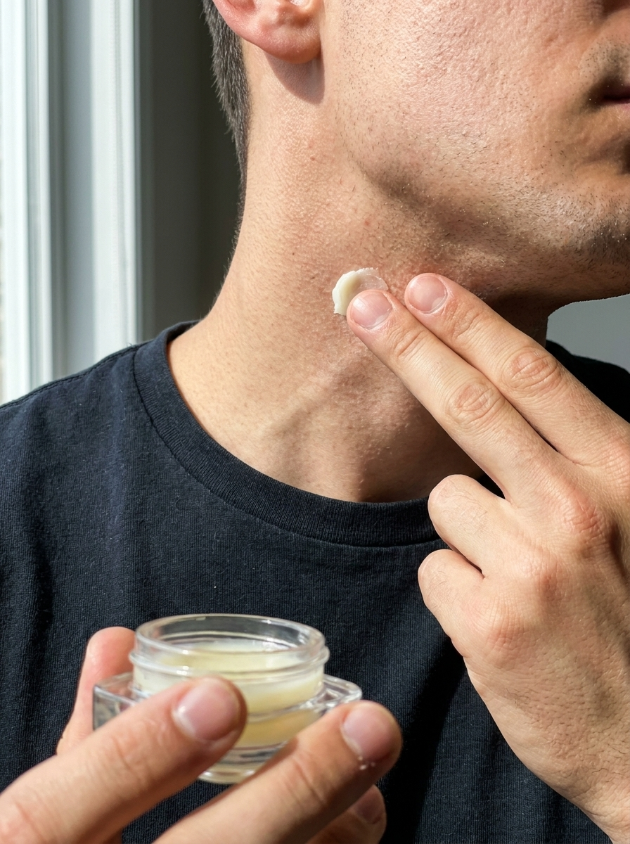 Applying Nescentcity solid cologne to the neck